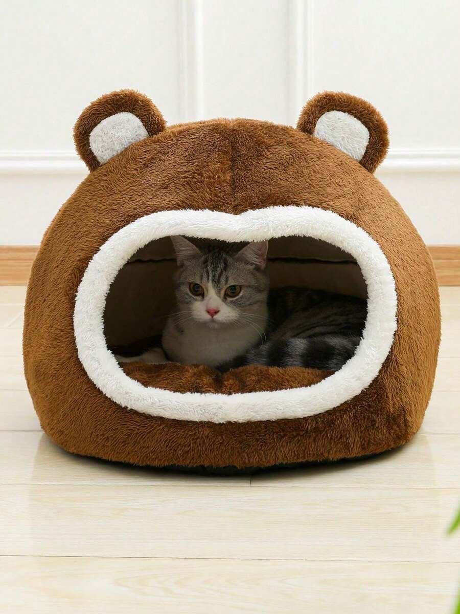 1pc Cute Cat Bed, Bear Shape, Comfortable, Breathable Plush Pet Bed Suitable For Small, Medium And Large Cats To Sleep All Year Round
