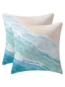 2 Pcs Wave Pattern Cushion Covers, Blue Wave Marble Textured Pillow Shams, Vacation Style Polyester Single-Sided Printing Hidden Zipper Pillow Cases, Without Pillow Inserts, Home Decor, Suitable For Summer Party, Pool Decoration, Bedroom, Living Room, Dorm, College Bedding, 45x45cm