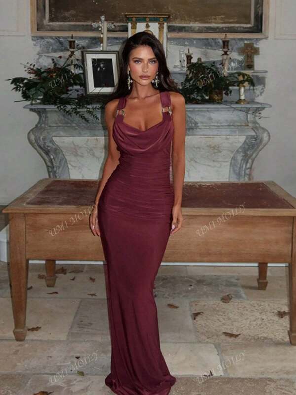 Woman's Elegant Wrap Neck Backless Slim-Fit Bodycon Dress, Solid Color Party Dress With Draped Back