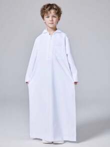 Middle East Muslim Arab Dubai Turkey Solid Color Boy Hooded Zipper Shirt Robe Thobe - White - View 1