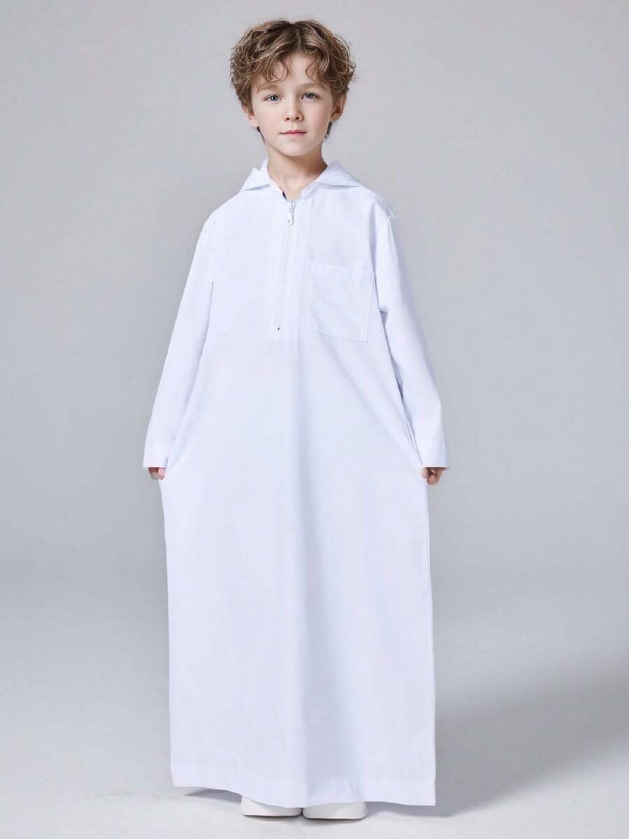 Middle East Muslim Arab Dubai Turkey Solid Color Boy Hooded Zipper Shirt Robe Thobe - White - View 1