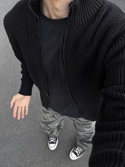 Men's Loose Casual Solid Color Zip-Up Stand Collar Ribbed Knit Cardigan, Fall/Winter