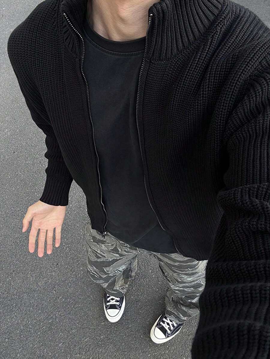 Men's Loose Knit Cardigan, Thick Knit High Elasticity Double Zipper Stand Collar Sweater