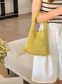 1pc Bohemian Style Woven Tote Bag, Striped Woven Handbag, Beach Bag, Casual Versatile Hollow Woven Handbag, Beach Bag