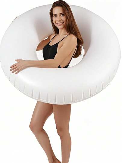 1pc PVC Inflatable Thick & Oversized Round White Swimming Ring Pool Float, Suitable For Beach Pool Party