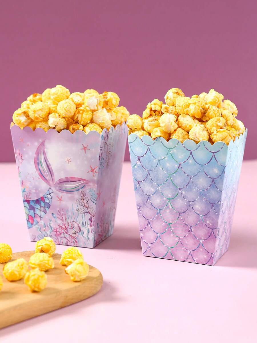10 件美人鱼图案纸质爆米花盒、爆米花杯、食品零食盒、美人鱼主题婚礼生日宝贝秀派对一次性餐具，适用于多种主题节日派对野餐露营、家庭厨房餐厅餐桌用品