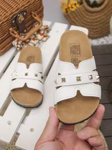 1 Coppia di Ciabatte da spiaggia per bambini, in design intrecciato in PU con texture a serpente, decorazione arancione, modello slip-on, antiscivolo, suola in legno morbida e duratura, con parte anteriore aperta, adatte per ragazze da abbinare a jeans e abiti, ottimo regalo estivo