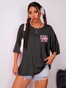 Damen Sommer Sport T-Shirt, Rundausschnitt, Kurzarm, 100% Polyester, gute Elastizität, gestrickter Stoff, Rugby Schriftprint, lässiger Pullover
