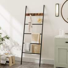 Towel Rack, Blanket Ladder, Leaning Ladder Rack, Bathroom Towel Rack, With 5 Crossbars And 5 Hooks, Strong Storage Function, Metal Frame, Stable, Industrial - Brown - View 4