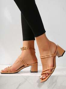 Women's Faux Leather Thong Sandals, Black Chunky Heel High Heels Summer Fashion Slides - Orange - View 2