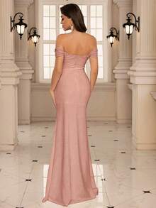 EVERLYL Vestido de novia elegante de unicolor con hombros descubiertos y abertura frontal - Rosa - Ver 3