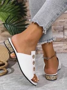 Round Toe Flat Women Slippers, Versatile Summer Beach & French Style Sandals - White - View 7