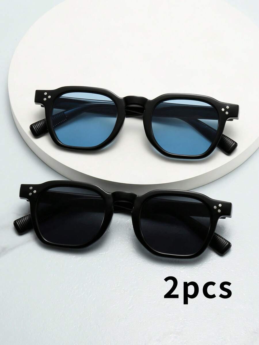 2pcs Unisex Oval Small Frame High Quality Personalized Minimalist Fashion Glasses, Suitable For Casual, Travel, Party, Beach, Daily Decoration - 2-piece Combination Pack (black + Black + Black + Blue) - View 1
