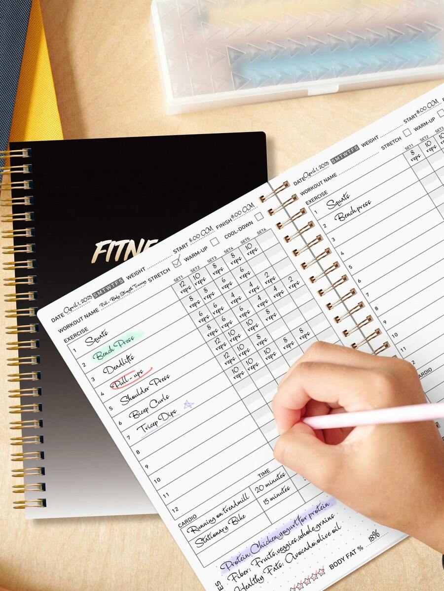 Daily Health & Wellness Journal - 1pc Fitness Planner For Women & Men - Workout Log Book, Exercise Workout Log, Bodybuilding Progress Tracker, Weight Loss Calendar, Office Supplies, Personal Planning Notebook - Black - View 1