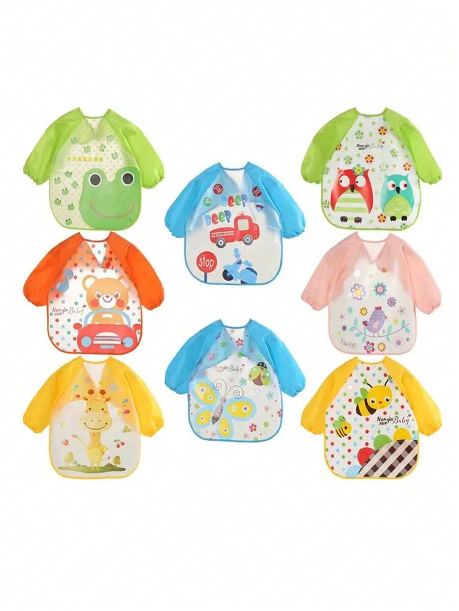 Babero impermeable para bebé, bata con mangas largas y diseño de dibujos animados a prueba de derrames para alimentar a bebés