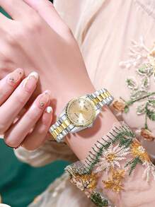 SOKI SOKI 6Pcs/Set Ladies Watch Women's Golden-Tone Alloy Bracelet Watch With Gorgeous Full Rhinestone Dial Quartz Wristwatch And Bangle Set Suitable For Daily Wear, Back-To-School Season, Graduation Season, Thanksgiving, Couples, The Best Gifts
