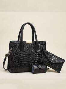 3pcs Set Elegant Crocodile Pattern Fashion Handbag, Multifunction Large Capacity Crossbody Bag, Stylish Design, New Fashion Women Small Square Bag Handbag Crossbody Bag Versatile Casual Multilayer Large Capacity Shoulder Messenger Bag Suitable For Valentine's Day Gift, Outings, Travel, Shopping Mall - Black - View 1