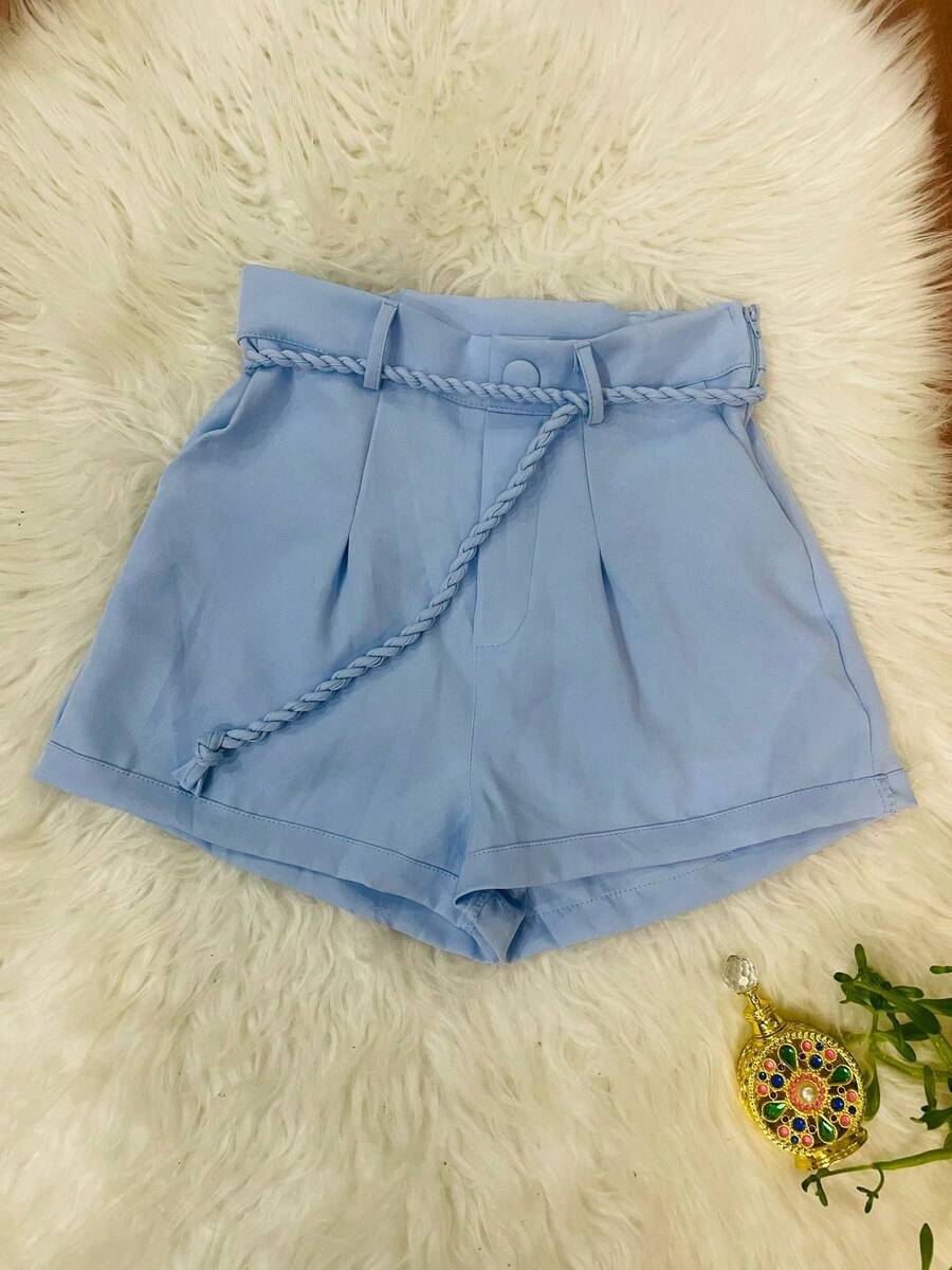 HONGDA VARIETIES New Shorts With Button On The Front, With Pocket, With Belt And With Zipper On The Left. - Dusty Blue - View 1