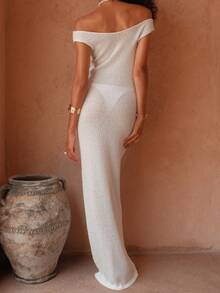 纯色优雅侧开衩露肩沙滩裙，夏季 - 白色 - 查看 5