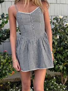Women's Summer Plaid Cami Dress Sleeveless Open Back Button Spaghetti Strap Dress