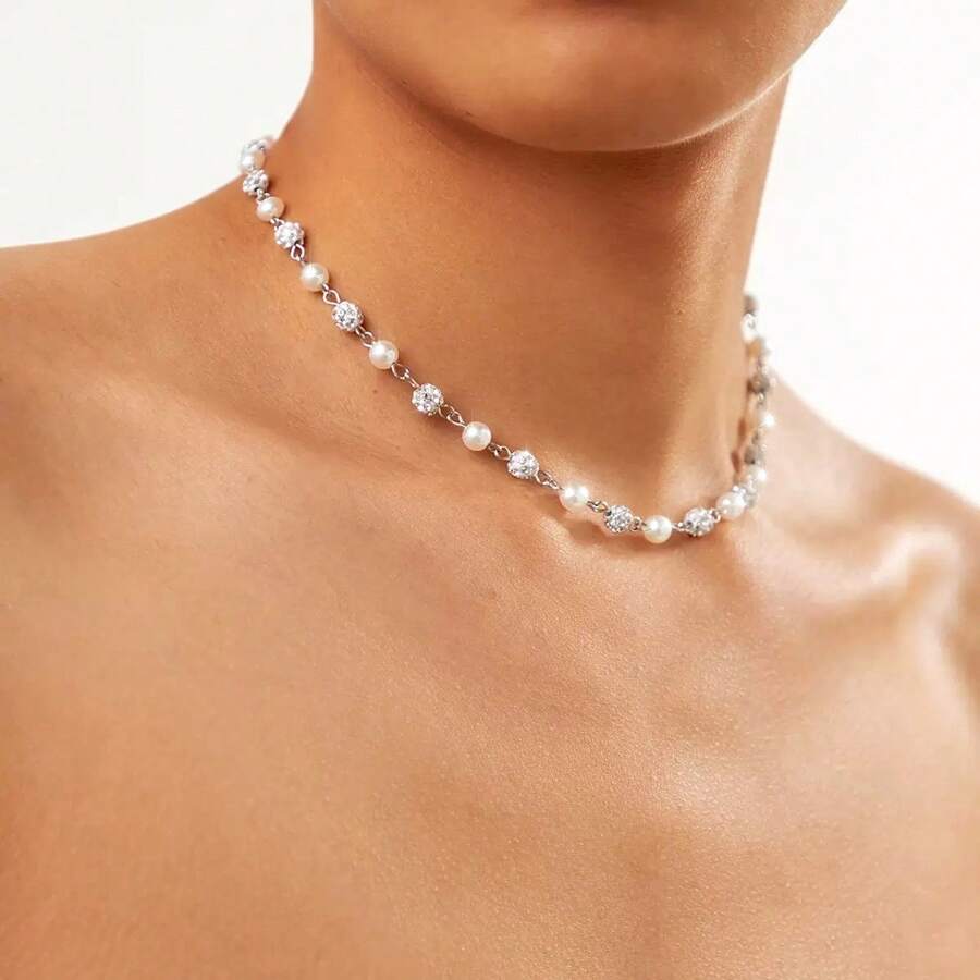 1pc Fashionable Minimalist Rhinestone & Faux Pearl Necklace, Men's Casual Daily Wear, Gift For Friend