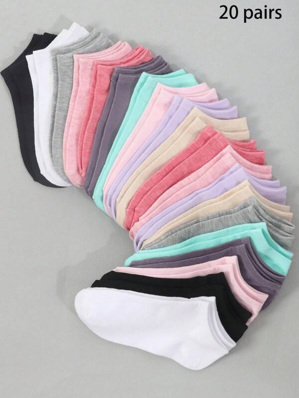 20 pares de calcetines cortos y finos de colores múltiples para mujer, calcetines de tobillo de moda casual de vamp bajo, de verano