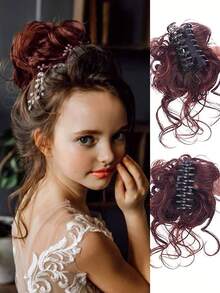 1 件适合所有儿童的蓬松凌乱发髻，派对用发髻发髻，自然造型大容量发髻，配有耐用发夹