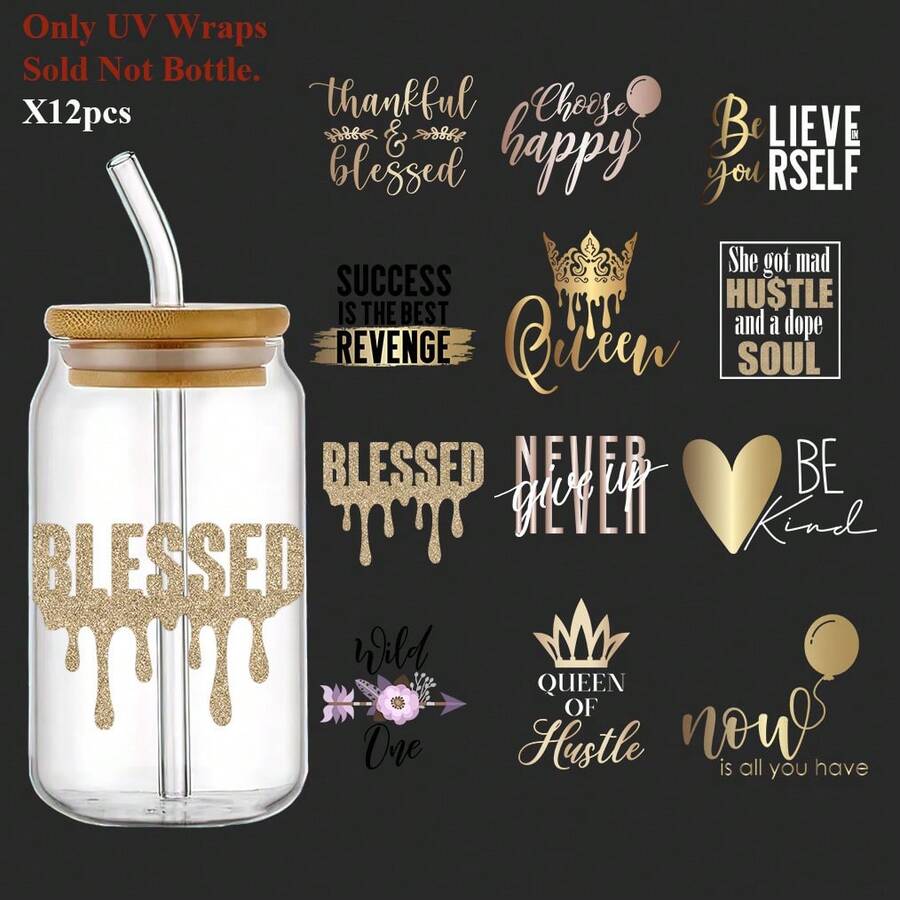 12pcs Inspirational Quotes Designs UV DTF Sticker For DIY Crafts - Perfect For Notebooks, Tumblers, Walls, Wallets, Phone Cases & More, Waterproof PVC Self-Adhesive Decals - Multicolor - View 1