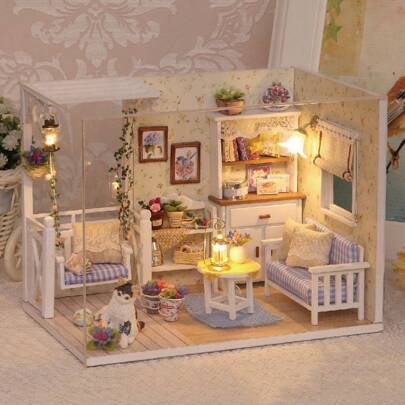 1 pieza Kit de casa en miniatura DIY con muebles, Kit de construcción de casa en miniatura, Kit de casa en miniatura, Manualidades de madera DIY, Kit de accesorios de habitación en miniatura linda, Regalo de cumpleaños, Regalo de Navidad para adultos