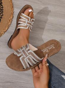 Casual Flat Slide Sandals For Women, Summer Woven Roman Slippers Open Toe Suitable For Dresses, Beaches, Daily Outfits, Brown