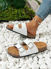 Fashionable & Comfortable Teenager Sandals - Soft, Lightweight, Double Buckle, Flat Slide, Breathable Design, Suitable For Summer Beach Vacation And Daily Wear - White - View 3