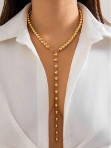 1pc Retro Beaded Chain Necklace, Elegant Faux Pearl Tassel Long Necklace, Versatile Design For Women - Gold - View 1