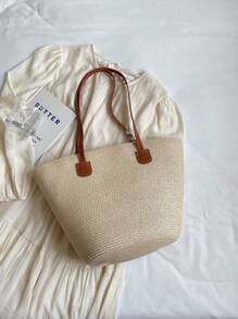 Simple Silk Scarf Decoration Straw Woven Bag For Women, Portable Shoulder Tote Bag Suitable For Vacation Travel