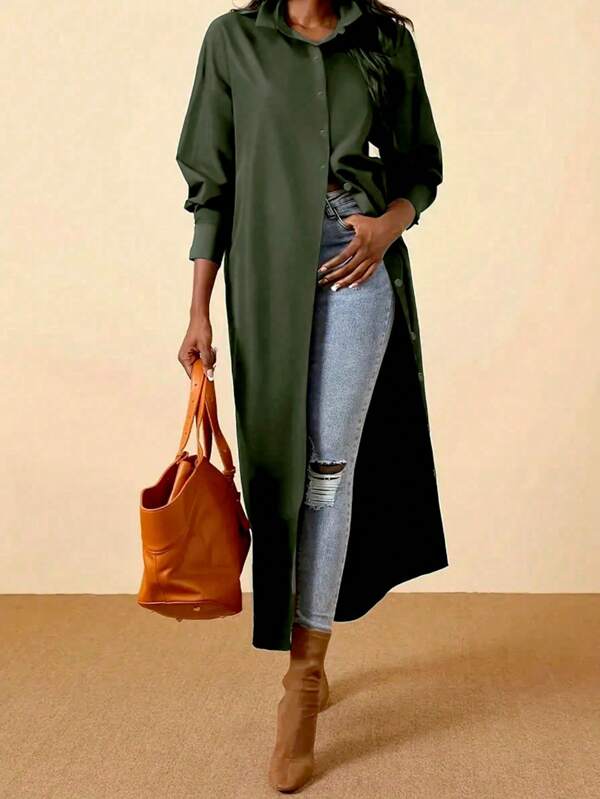 Women Fall Casual Simple Button Up Long Sleeve Solid Color Long Shirt Dress, Black, Spring/Autumn, Festival/Occasion Wear