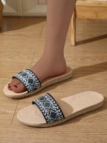New Natural Linen Open Toe Sandals Women, Natural Linen House Slippers - Black - View 1