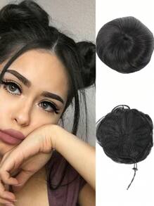 Synthetic Clip-On Hair Bun Elastic Band Straight Hair Black-Brown Chignon Extension Scrunchie Hairpiece For Women