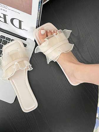 Women's Flat Sandals 2025 New Style Fairy-Like Sheer Edging Strap Square Toe Slides