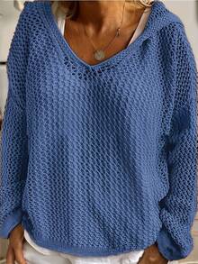 Plus Size Women's Solid Color Drop Shoulder Long Sleeve Hollow Hooded Sweater, Casual For Autumn Spring - Royal Blue - View 3