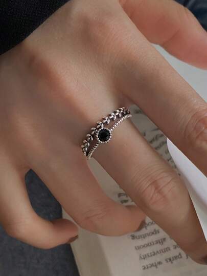 1pc New Fashion 925 Sterling Silver Inlaid Black Rhinestone Retro Ring Women's Layer Leaf Silver-Coloured Opening Finger Ring Jewelry Wedding Party Valentine's Day Gift