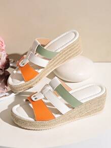 Women's Summer Fashion Platform Wedge Sandals With Modern Color Block Patchwork Strap Upper, Rivet Decor, Rope Sole, Comfortable, Elegant Classic Casual Vacation Chic Platform Sandals