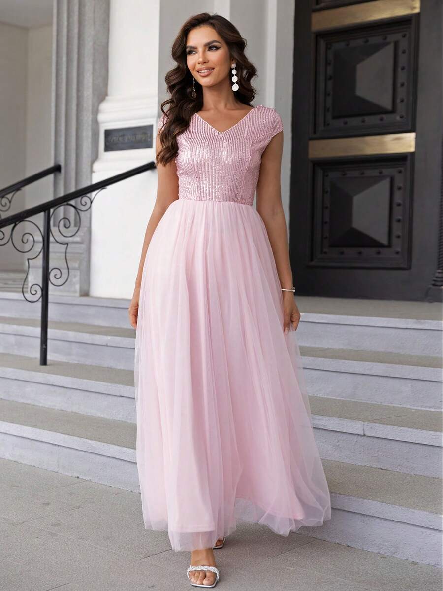 Joyfunear Elegantes einfarbiges Damen Paillettenkleid mit Kontrastmesh für Partys - Pink - Übersicht 1
