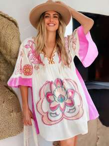Vestito casual con stampa floreale boho, abbigliamento occidentale da donna, abito da festival musicale bohémien per vacanze estive e spiaggia, dolce abito stile babydoll; Abito aderente a maniche a pipistrello, scollo a V profondo, con stampa, per festa e club, abbigliamento da concerto