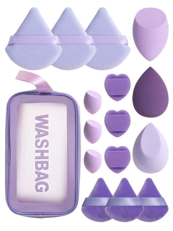 Conjunto de 16 piezas de esponjas cosméticas, que incluye 3 piezas de esponja cosmética, 3 piezas de mini esponja cosmética, 3 piezas de borla de polvo, 3 piezas de mini borla de polvo, 3 piezas de mini borla de polvo con cojín de aire de dedo y 1 bolsa cosmética, hechas de terciopelo super suave