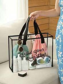 PVC 每个包透明手提袋，大容量防水储物购物袋透明视觉果冻旅行储物袋便携式化妆包户外游泳包化妆品储物袋防水洗漱包大容量便携式海滩度假包适用于运动、工作、安全旅行、体育场、野餐、音乐会、活动，透明沙滩运动包，带手柄的派对礼品袋，女士礼物