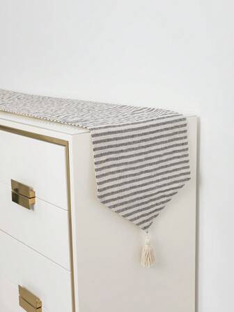 1 pièce Chemin de table jacquard aspect lin rayé noir et blanc avec des franges à franges. Nappe décorative pour salle à manger, café, bar, hôtel, usage domestique et commercial, 30*180cm/30*200cm