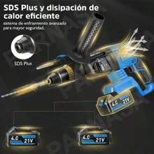Seokiwi Martillo Inalámbrico,2600W Taladro Rotomartillo SDS-PLUS Inalámbrico,Herramienta Eléctrica Multiusos 4 en 1 con 2 Baterías de 3.0 Ah, Rotomartillo Cincelador y Bolsa de Almacenamiento. - Azul - Ver 6