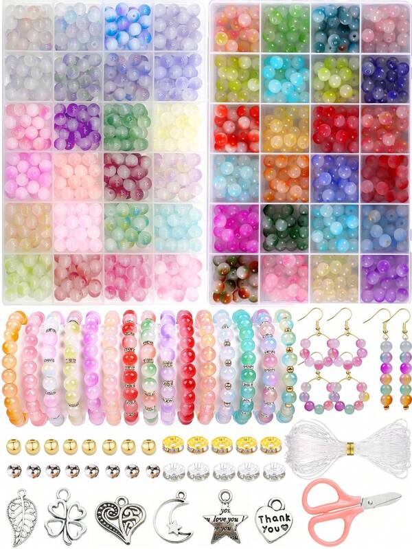1 Box 8mm Glass Beads For Jewelry Making, Two-Color Beads Colors Crystal Beads Bracelet Kit For Bracelet Jewelry Making And DIY Crafts