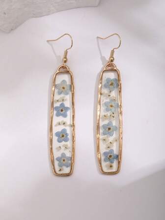 1 对矩形干花树脂耳坠，适合女性日常佩戴