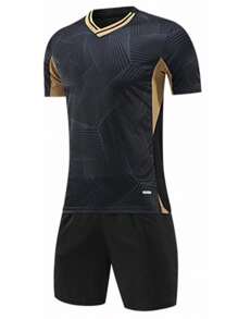 2pcs Personalized Men's Football Jerseys, Black Customized Football Uniform, Men's Sportswear Set, Sports Outfit, Men's Running Suit, Summer Men's Set, Men's T-Shirt Suit, Football Jerseys, Customized Football Uniforms With Number Printing, Suitable For Football, Badminton, Basketball, Cycling, Daily Wear