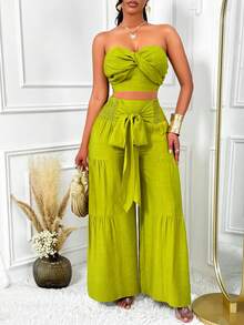 AIJ Amarilo 女士夏季假日休闲度假扭纹抹胸和褶皱阔腿裤两件套，非常适合海滩度假、旅行和度假